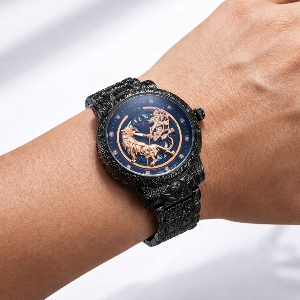 Royal Lion Matte Black Engraved Skeleton Watch