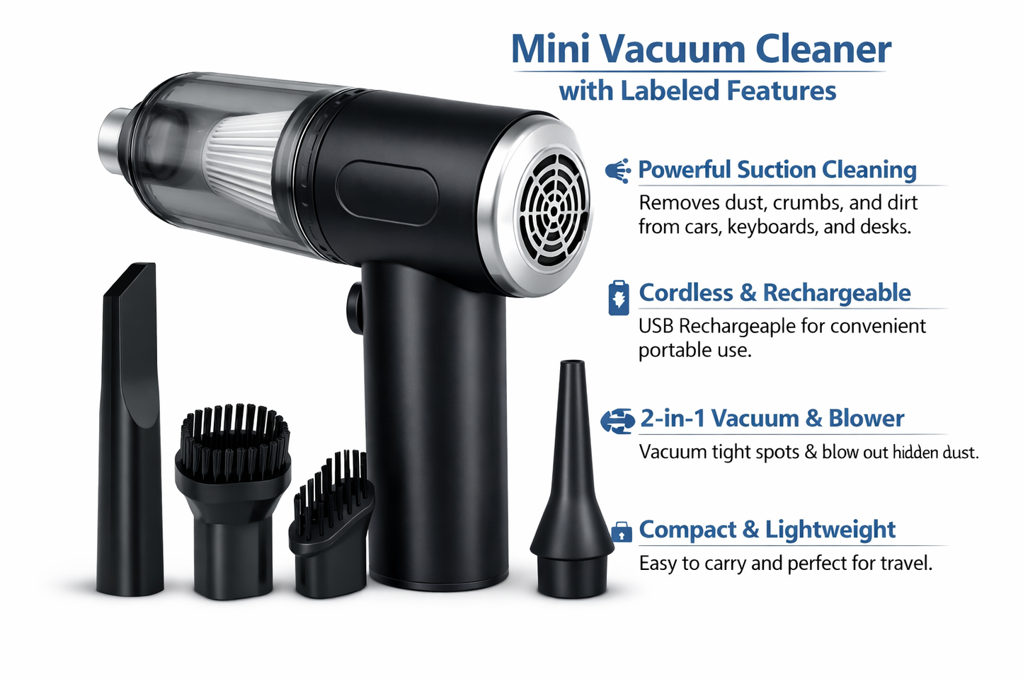 3-in-1 Cordless Mini Vacuum Cleaner – Portable Rechargeable Car & Home Dust Cleaner