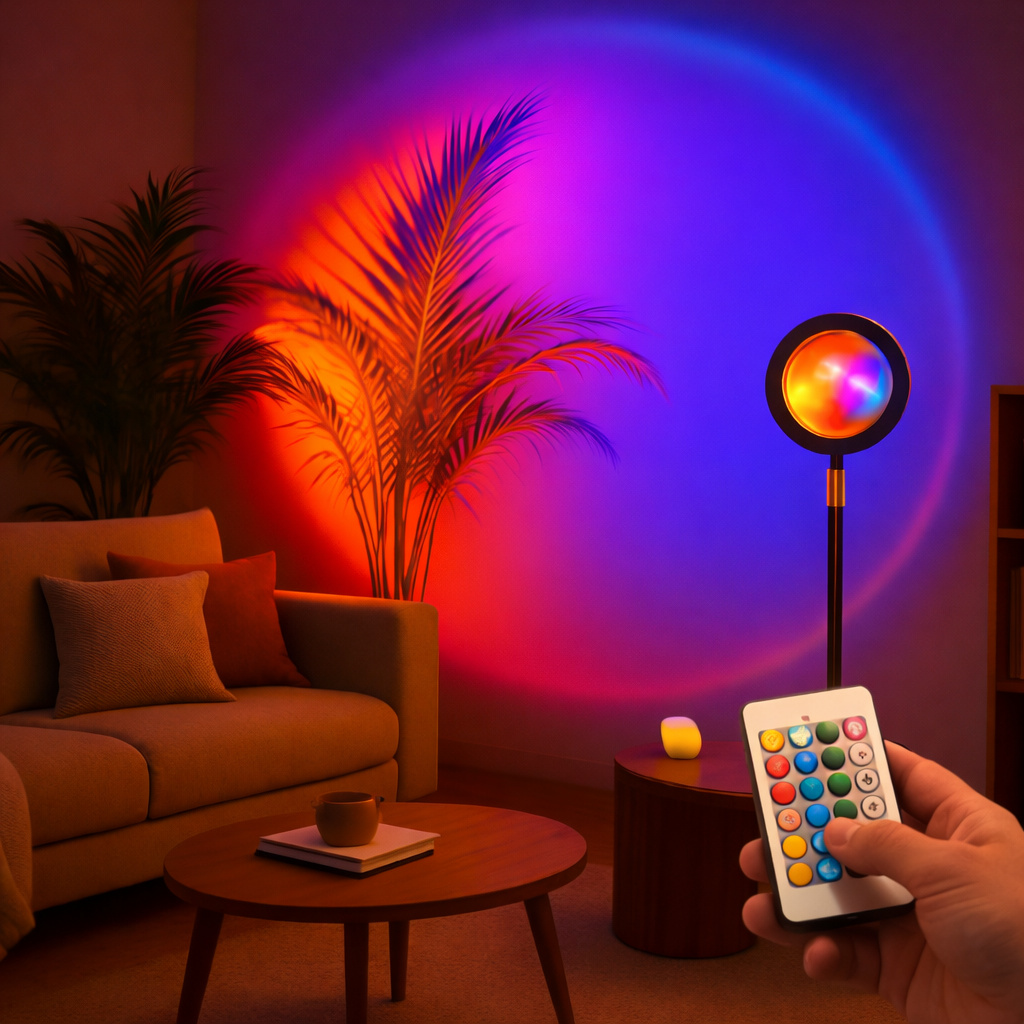 RGB Sunset Projection Lamp with Remote Control – Adjustable Ambient Mood Light for Bedroom & Photography