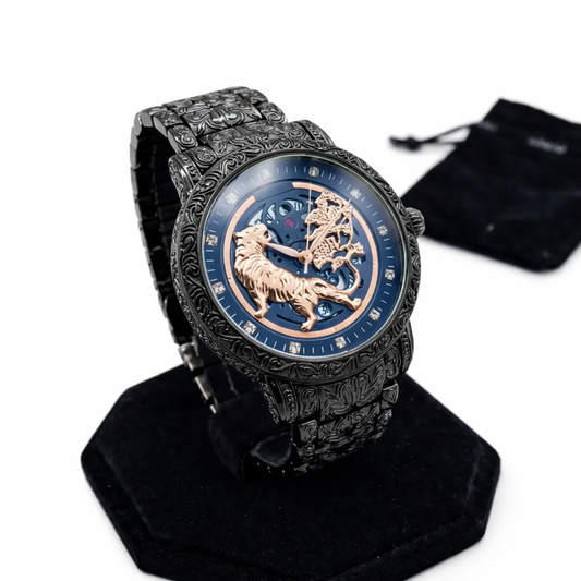 Royal Lion Matte Black Engraved Skeleton Watch
