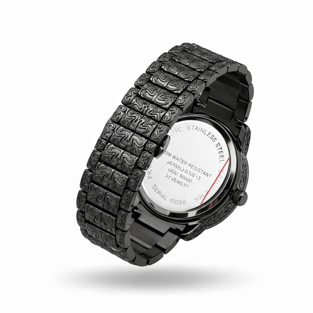 Royal Lion Matte Black Engraved Skeleton Watch