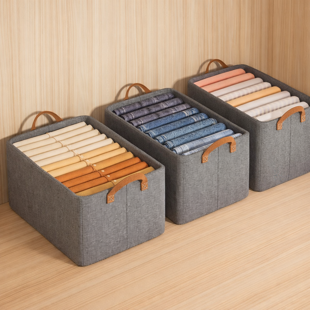 Foldable Fabric Storage Organizer Box with Leather Handles (Set of 3)