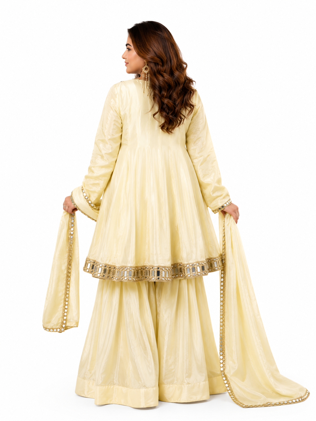 Zariya Mirror Work Anarkali Sharara Set with Dupatta – Cream Yellow Ethnic Wear