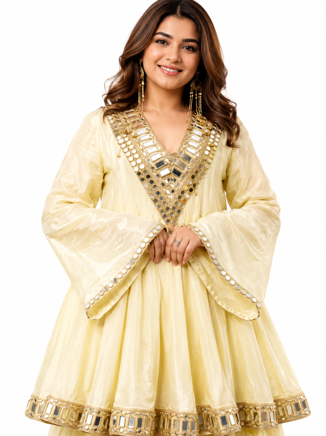 Zariya Mirror Work Anarkali Sharara Set with Dupatta – Cream Yellow Ethnic Wear