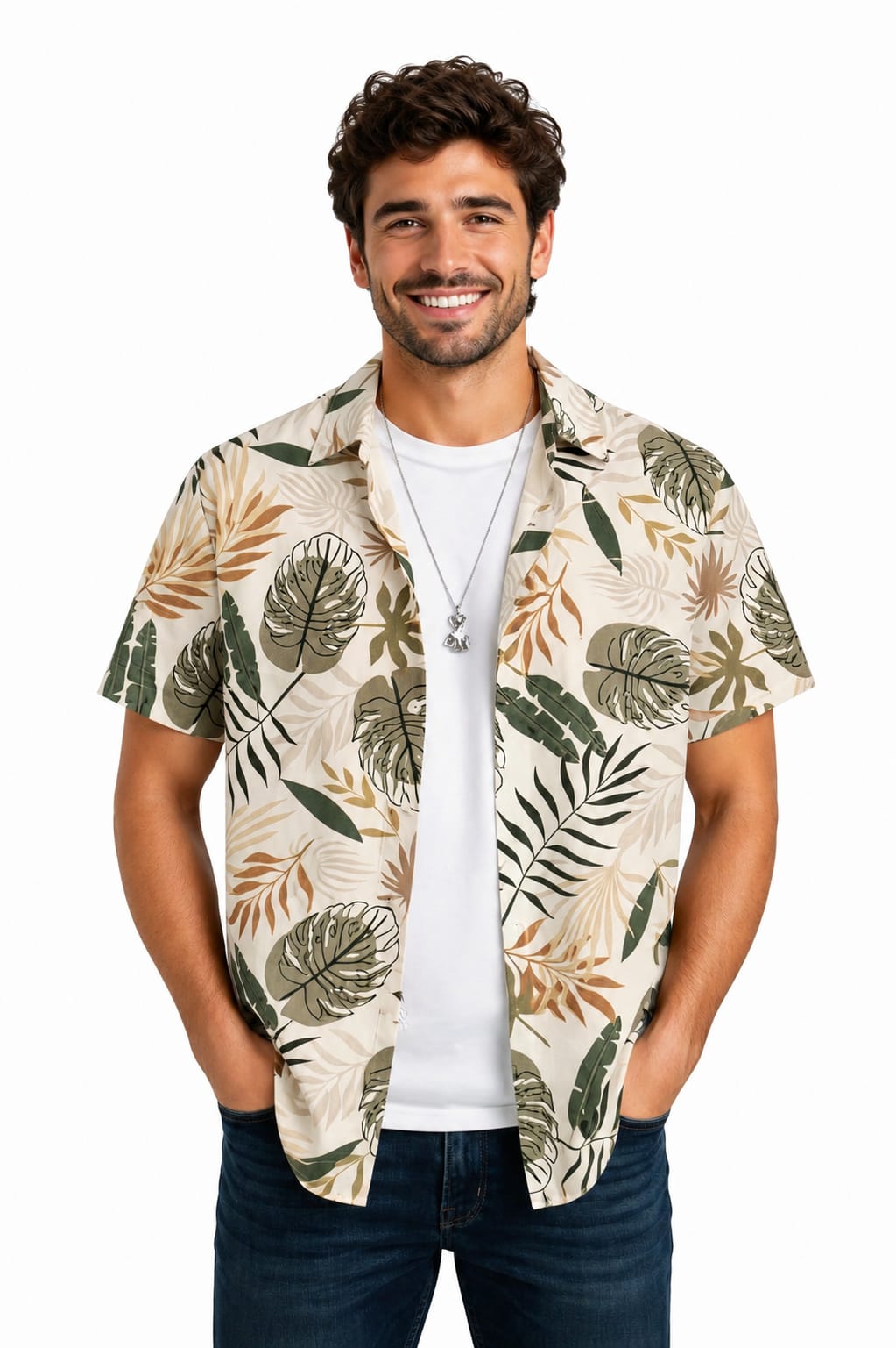 Men’s Tropical Leaf Print Short-Sleeve Shirt