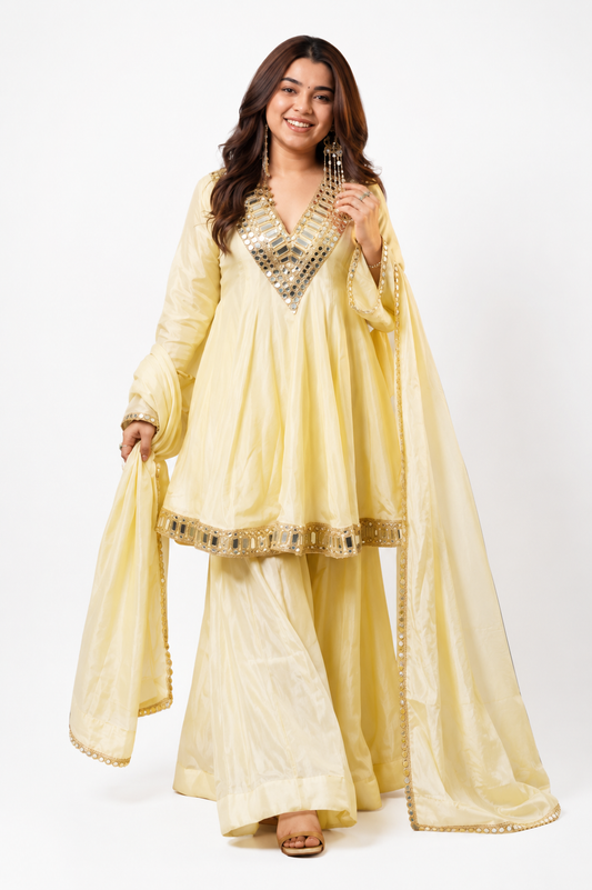 Zariya Mirror Work Anarkali Sharara Set with Dupatta – Cream Yellow Ethnic Wear